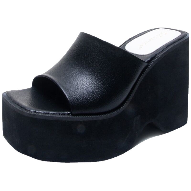 Thick-Sole Wedge Flip-Flops with Square Peep Toe - Black/White Thick-Sole Wedge Flip-Flops with Square Peep Toe - Black/White