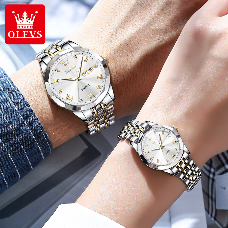Double Calendar Quartz Couple Watch Set with Week Display