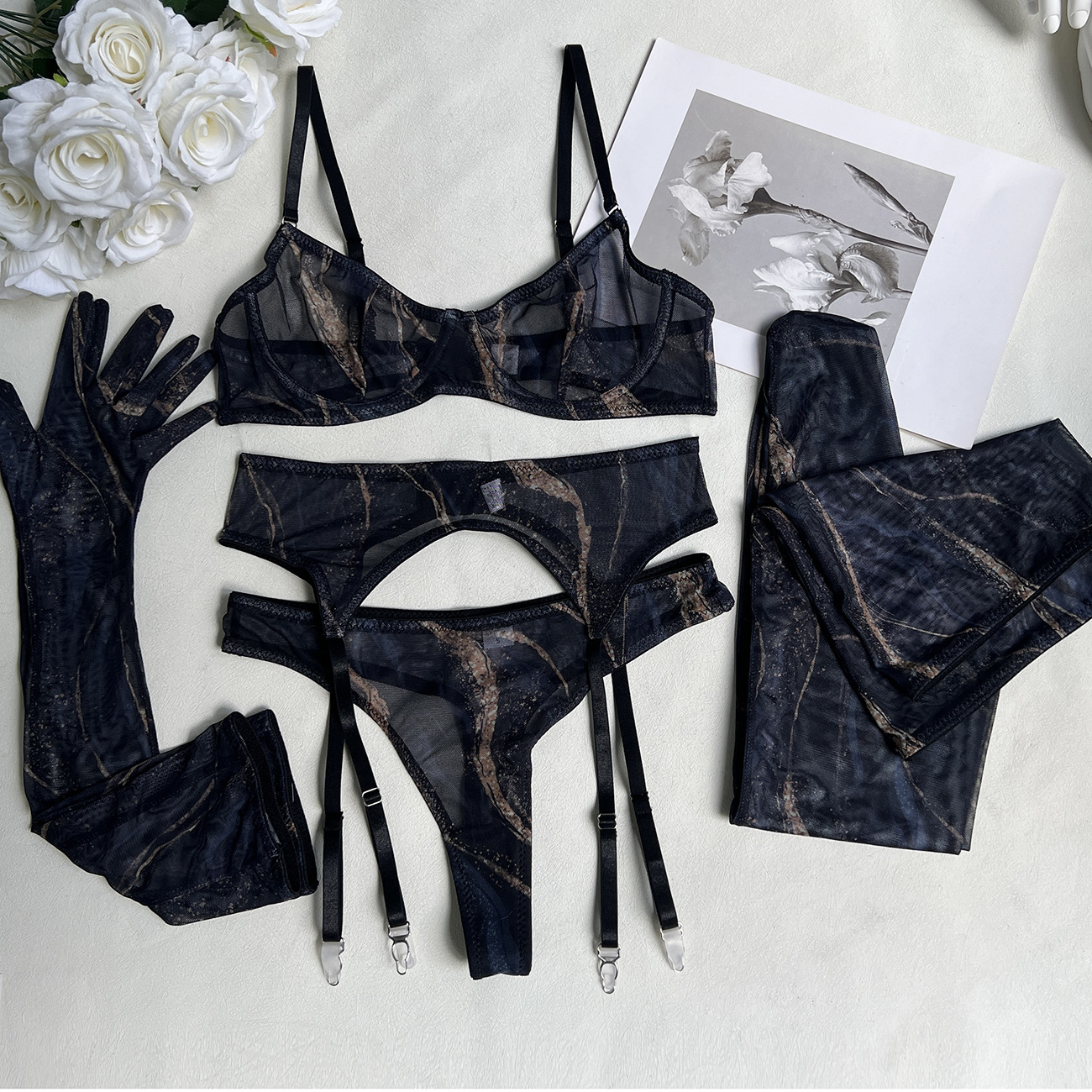 Bold Tie-Dye 5-Piece Lingerie Set with Leopard Print Gloves
