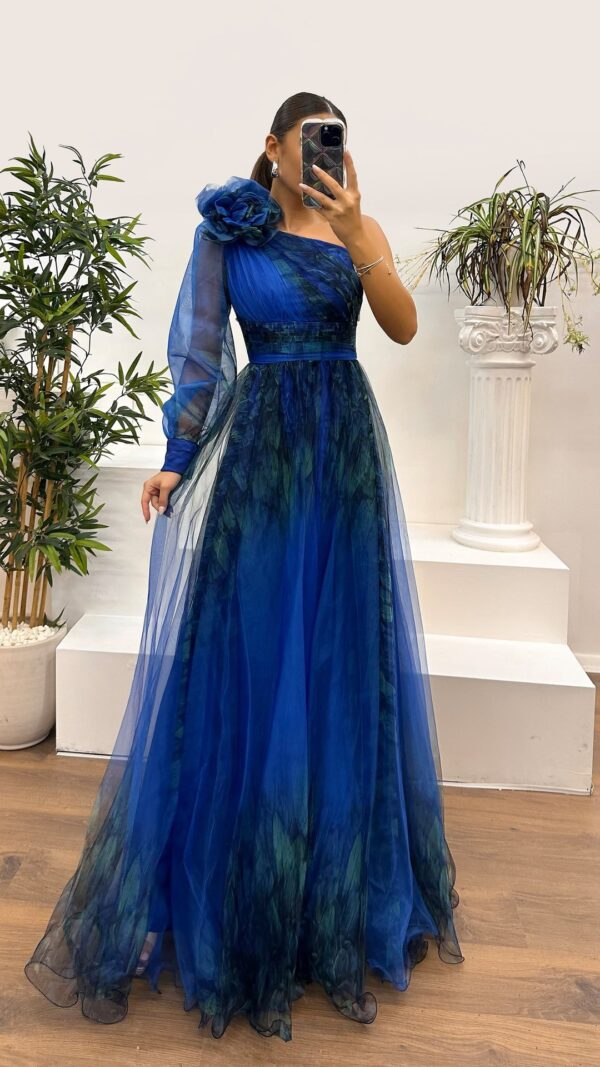 One-shoulder classic tulle dress, high-end elegant women's one-shoulder mesh dress with slit.