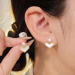 Gold-Pearl Heart French Silver Needle Earrings for Women