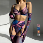 Bold Tie-Dye 5-Piece Lingerie Set with Leopard Print Gloves