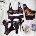 Bold Tie-Dye 5-Piece Lingerie Set with Leopard Print Gloves