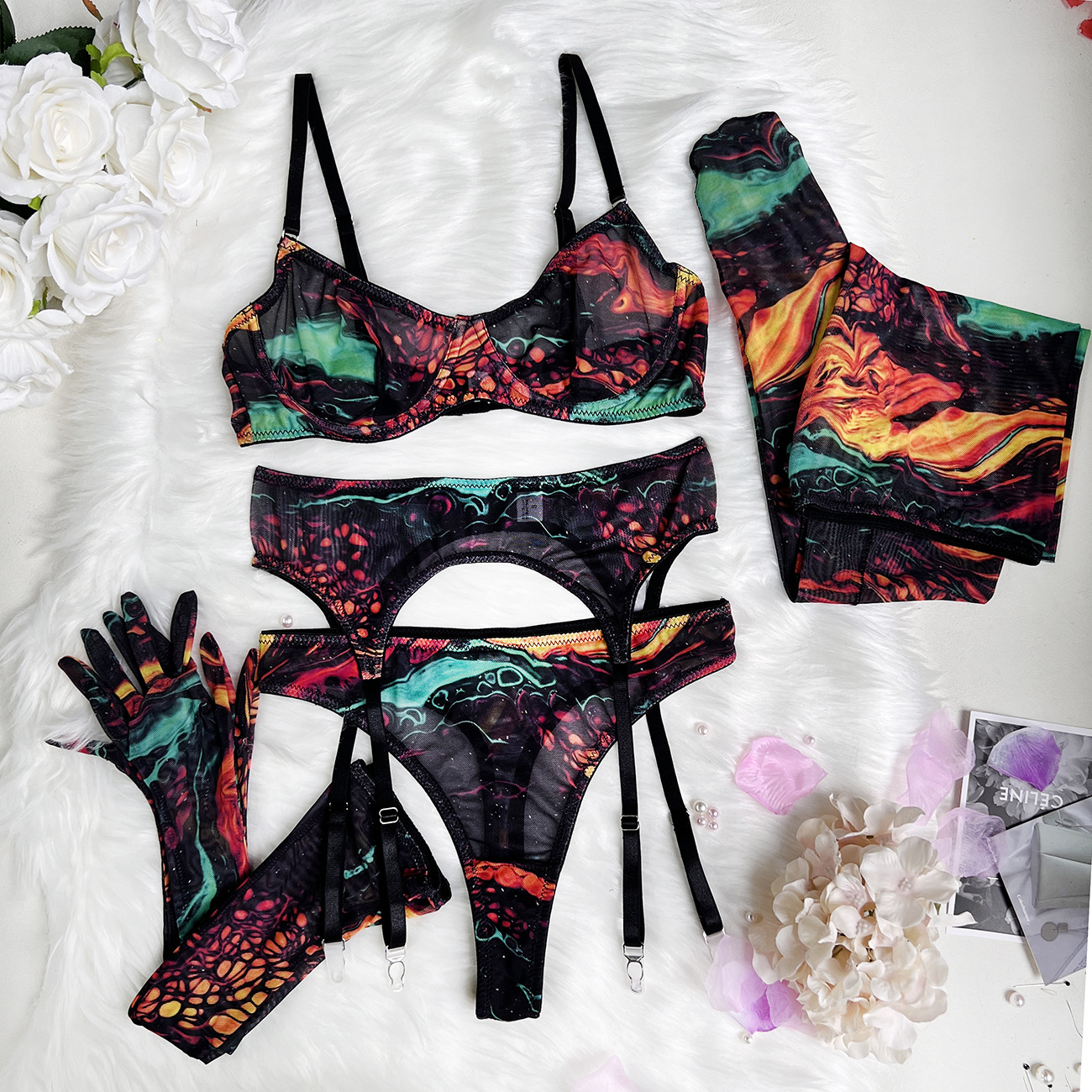 Bold Tie-Dye 5-Piece Lingerie Set with Leopard Print Gloves