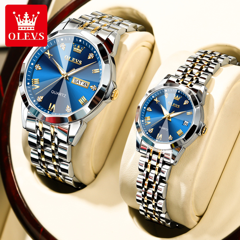 Double Calendar Quartz Couple Watch Set with Week Display