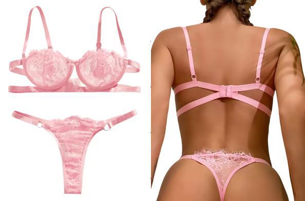 Sexy three-piece lingerie set with lace patterns, see-through cutouts, and underwire. A popular two-piece lingerie set.