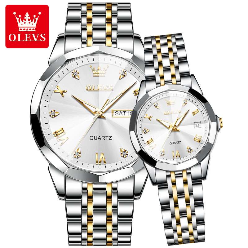 Double Calendar Quartz Couple Watch Set with Week Display