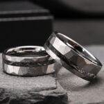 Bold 8-Wide Flat Hammered Tungsten Gold Ring Set, Meteorite Style
