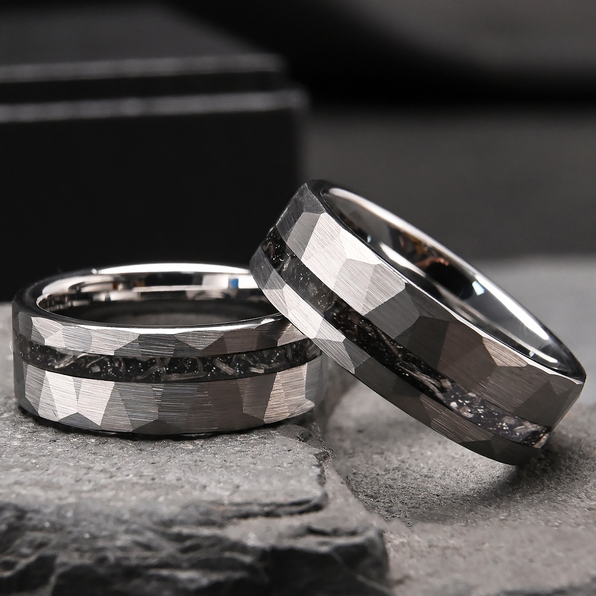 Bold 8-Wide Flat Hammered Tungsten Gold Ring Set, Meteorite Style