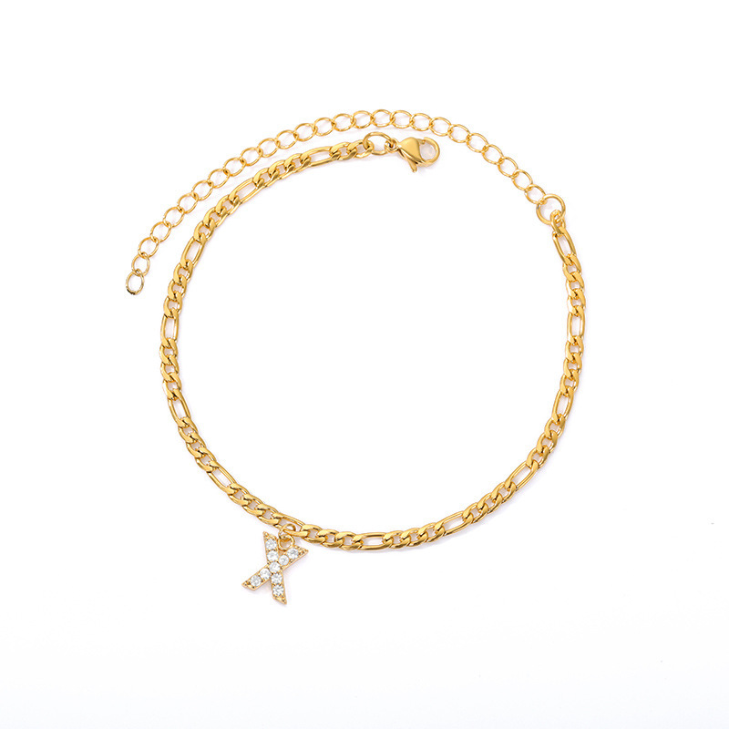 European and American simple micro-inlaid zircon stainless steel chain letter couple anklet 26 English letter pendant anklet European and American simple micro-inlaid zircon stainless steel chain letter couple anklet 26 English letter pendant anklet