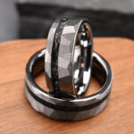 Bold 8-Wide Flat Hammered Tungsten Gold Ring Set, Meteorite Style