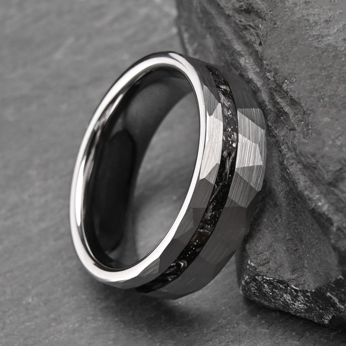 Bold 8-Wide Flat Hammered Tungsten Gold Ring Set, Meteorite Style
