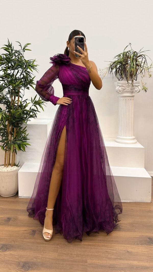 One-shoulder classic tulle dress, high-end elegant women's one-shoulder mesh dress with slit.