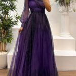 One-shoulder classic tulle dress, high-end elegant women's one-shoulder mesh dress with slit.