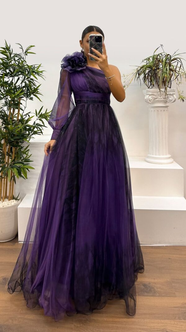 One-shoulder classic tulle dress, high-end elegant women's one-shoulder mesh dress with slit.