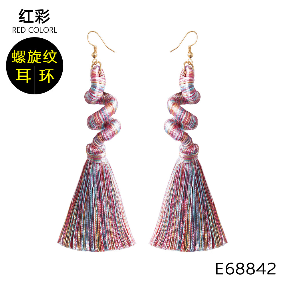 Boho Green Tassel Earrings for Women, Cotton Thread Long Drop