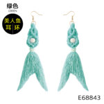 Boho Green Tassel Earrings for Women, Cotton Thread Long Drop