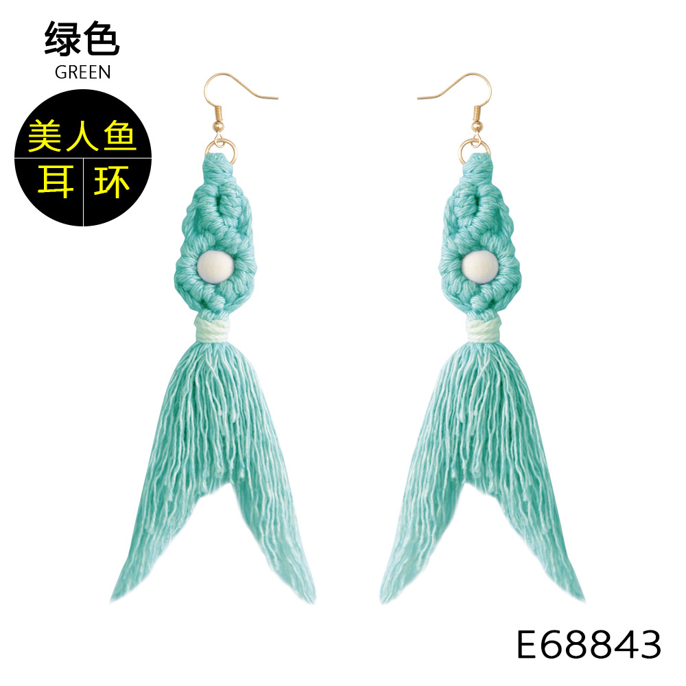 Boho Green Tassel Earrings for Women, Cotton Thread Long Drop