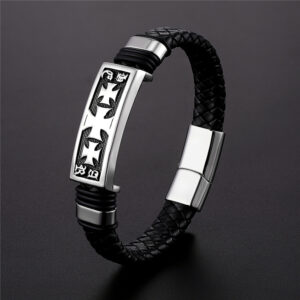Retro Punk Statement Mens Stainless Steel Braided Cross Bracelet - Steel Color