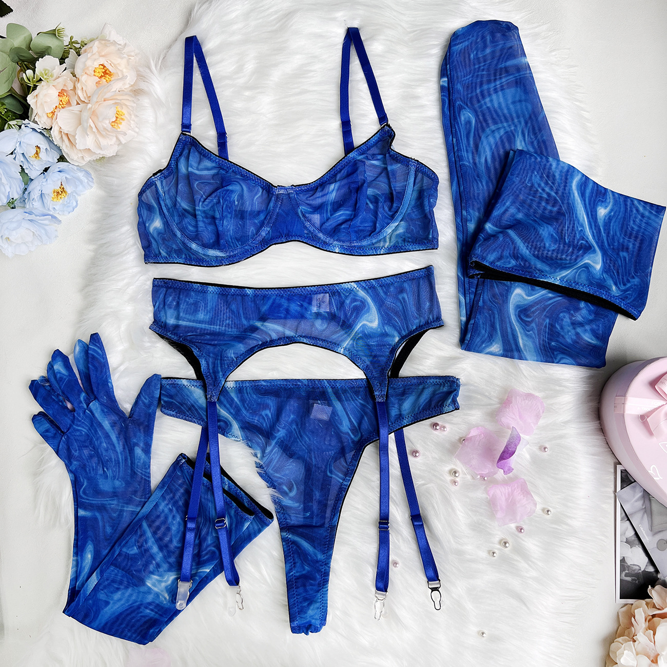 Bold Tie-Dye 5-Piece Lingerie Set with Leopard Print Gloves