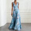 Flattering A-Line Tulip Print Evening Gown with V-Neck