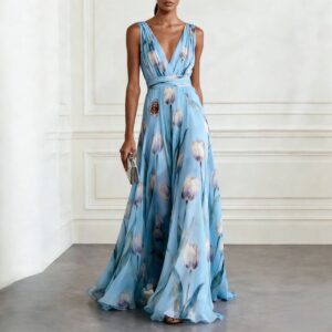 Flattering A-Line Tulip Print Evening Gown with V-Neck