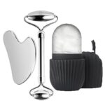 Stainless steel facial ice tray set, portable facial gua sha board, skincare tool, silicone facial ice tray