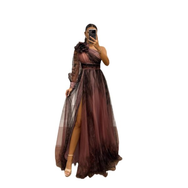 One-shoulder classic tulle dress, high-end elegant women's one-shoulder mesh dress with slit.