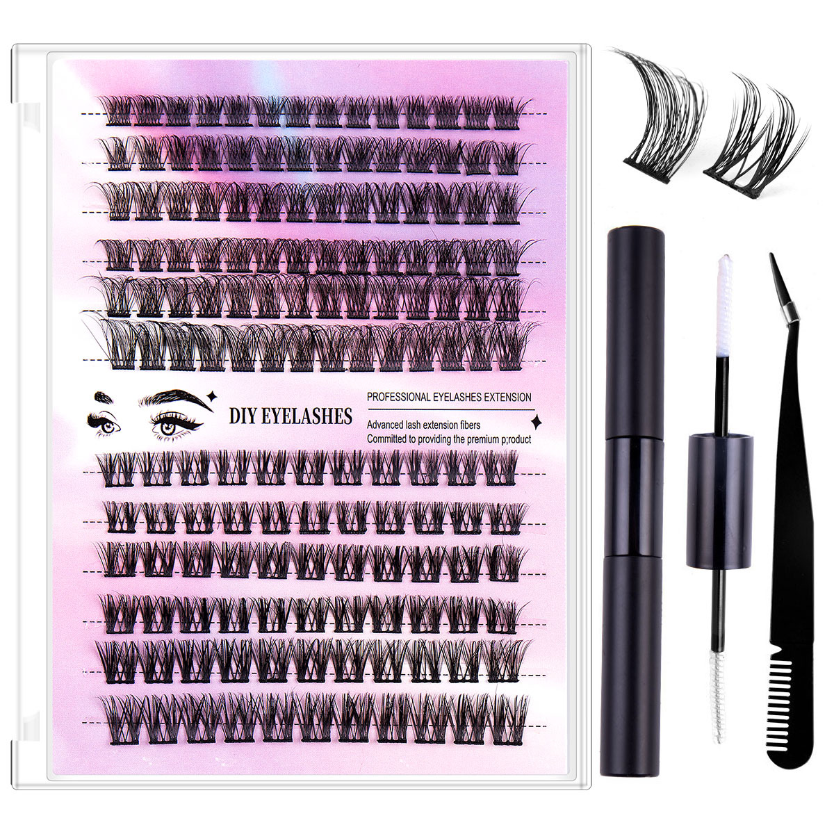 Natural Black Cluster Fake Eyelashes with Segmented Double Tape