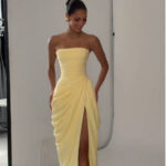 SDM225 Elegant Yellow New Sexy Strapless Slit Dress, 2026 New Arrival, Wholesale Export Goods