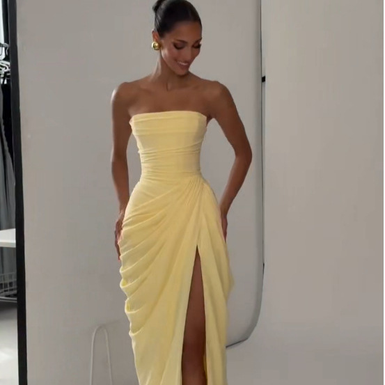 SDM225 Elegant Yellow New Sexy Strapless Slit Dress, 2026 New Arrival, Wholesale Export Goods