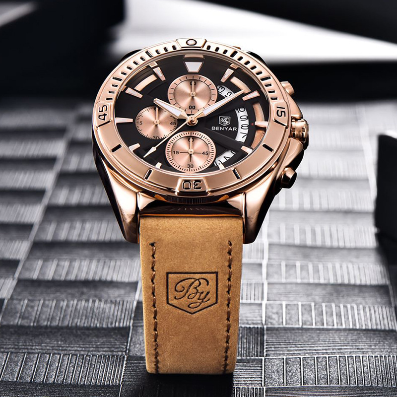 Accurate Quartz Mens Watch with Half-Fan Calendar & Folding Clasp