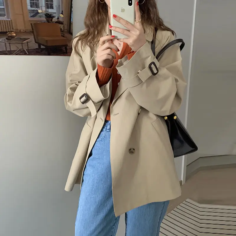 Korean-Style Draping Women’s Coat - Patchwork Solid Black/Khaki
