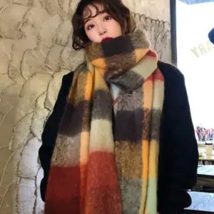 Womens Warm Rainbow-Plaid Faux Cashmere Scarf