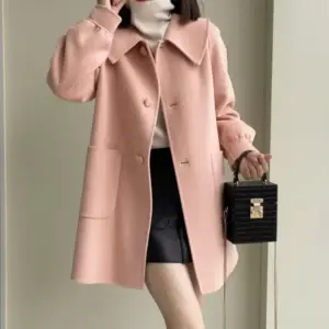 Womens Geometric Wool Coat with Doll Neck Patchwork