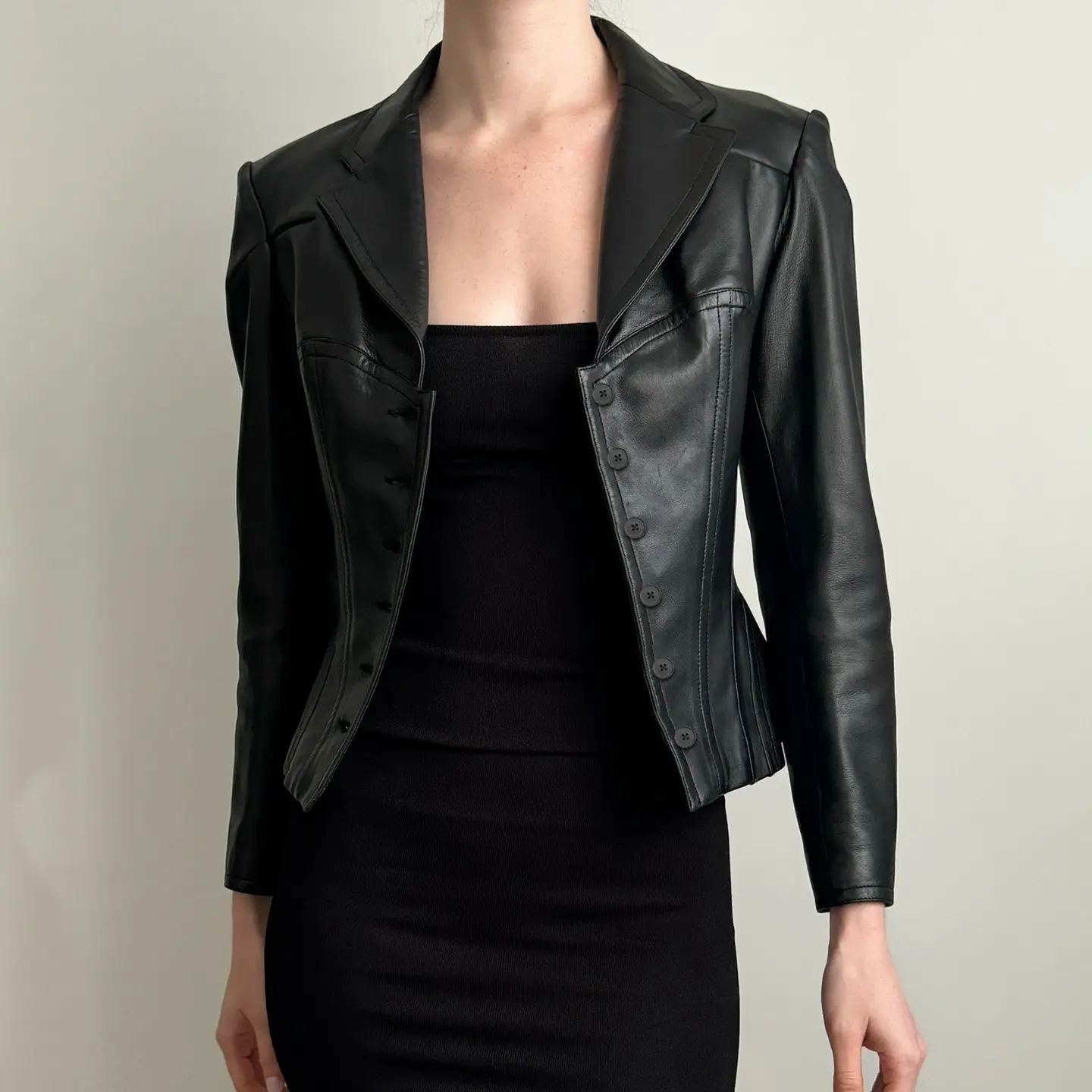 Dark Style Short Black Leather Jacket for Women, V-Neck Lapel Dark Style Short Black Leather Jacket for Women, V-Neck Lapel