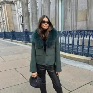 Vintage Fur-Trimmed Single-Breasted Flight Jacket for Women - Green