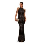 01d12c42-8579-4589-8c28-23eb1ec823d3.jpg Sequined Slim-Fit Evening Dress with High Waist Black