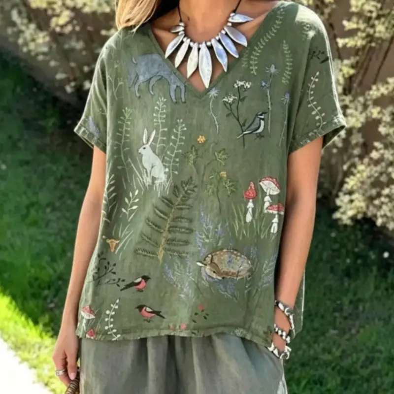 Forest Animal V-Neck T-Shirt for Women, Green Polyester