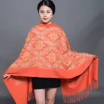 Embroidered Faux Cashmere Shawl Scarf with Tassels