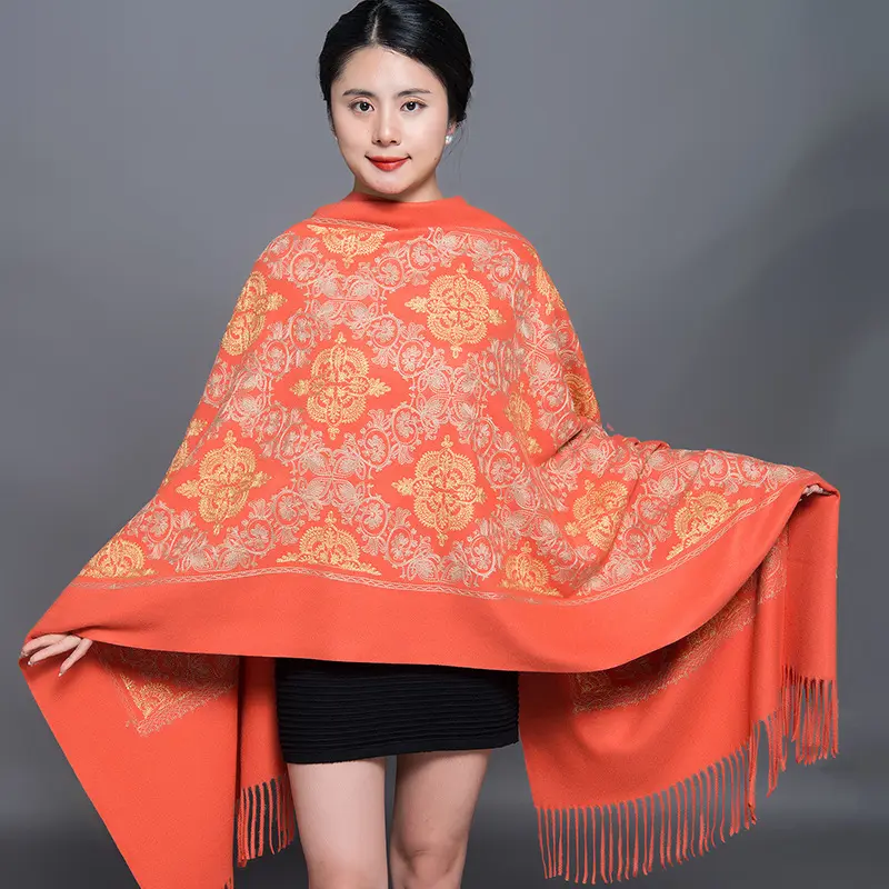 Embroidered Faux Cashmere Shawl Scarf with Tassels