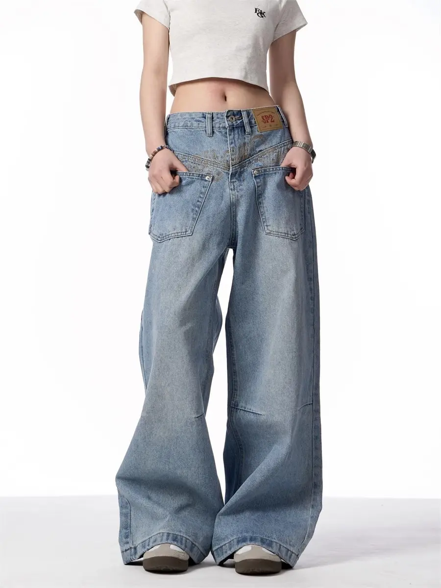 Retro Reverse-Wear Washed Denim Jeans for Men, Mid-Rise