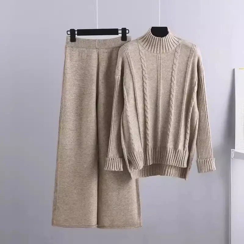 High-end Mock Neck Sweater Wide-leg Pants Suit Women High-end Mock Neck Sweater Wide-leg Pants Suit Women