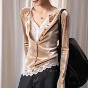 Lace-Spliced Faux Two-Piece Blouse for Slim-Fit Commuters