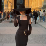 Stretchy Black Square Neck Hip Wrap Midi Dress with Gloves