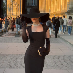 Stretchy Black Square Neck Hip Wrap Midi Dress with Gloves