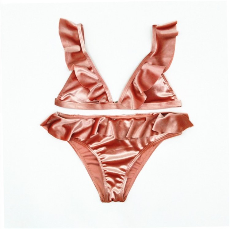 Support-Free Velvet Ruffle Bikini Set with Removable Pads