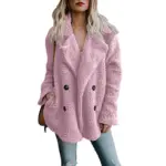 Warm Navy Plush Button Lapel Pocket Coat Shirt for Women