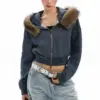 Detachable Fur Collar Hooded Short Hoodie with Exposed Zipper Detachable Fur Collar Hooded Short Hoodie with Exposed Zipper