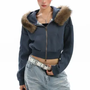 Detachable Fur Collar Hooded Short Hoodie with Exposed Zipper